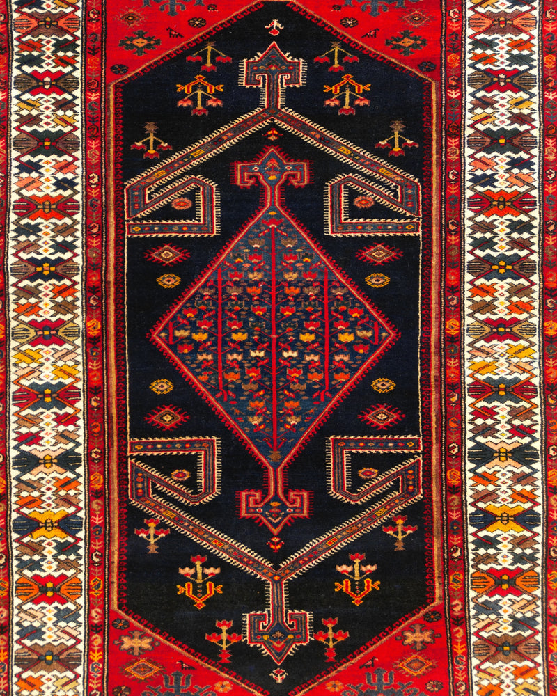 Antique Persian Malayer Rug Circa 1910 | 4' 6" X 7' 1"  | Geometric Design | Midnight-Blue & Red Colours | Tribal Production
