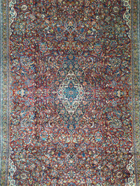Antique Persian Kashan Rug Circa 1930 | 10' 1" X 16' 2" | Floral Design | Red & Navy Blue Colours | Finely Woven | Urban Production