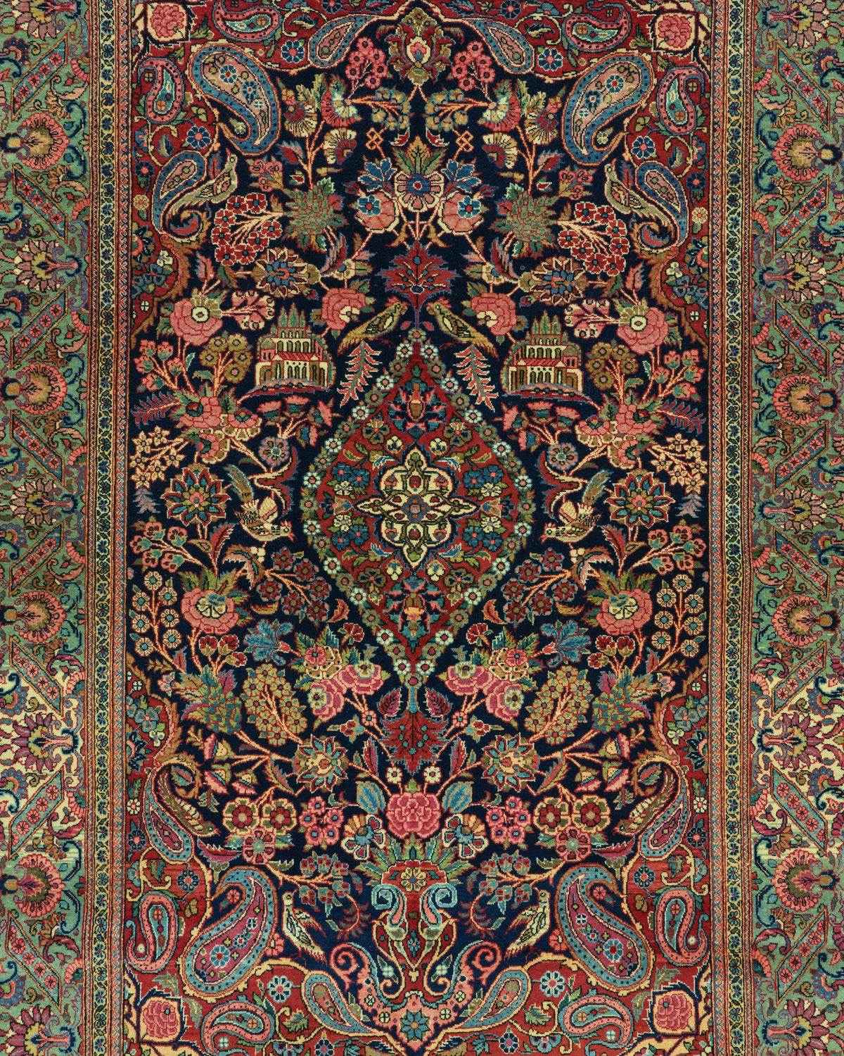 Antique Persian Kashan Rug Circa 1930 | 4' 4" X 6' 6" | Floral Design | Midnight-Blue & Green Colours | Finely Woven | Urban Production