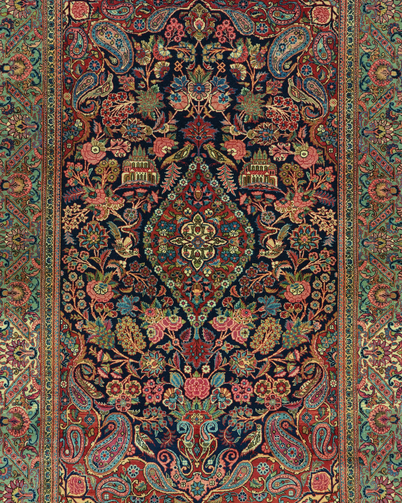Antique Persian Kashan Rug Circa 1930 | 4' 4" X 6' 6" | Floral Design | Midnight-Blue & Green Colours | Finely Woven | Urban Production