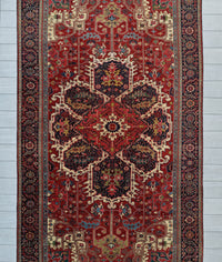 Antique Persian Serapi Heriz Rug Circa 1900 | 10' 11" X 18' 9" | Red Colour | Geometric Design | Tribal Production