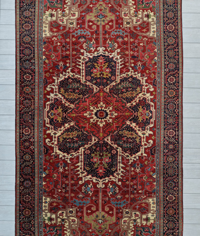 Antique Persian Serapi Heriz Rug Circa 1900 | 10' 11" X 18' 9" | Red Colour | Geometric Design | Tribal Production
