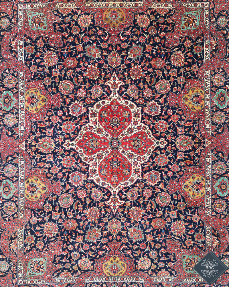 Antique Persian Kashan Attaee Rug Circa 1920 | 10' 9" X 14' 2" | Blue & Red Colours | Urban Production