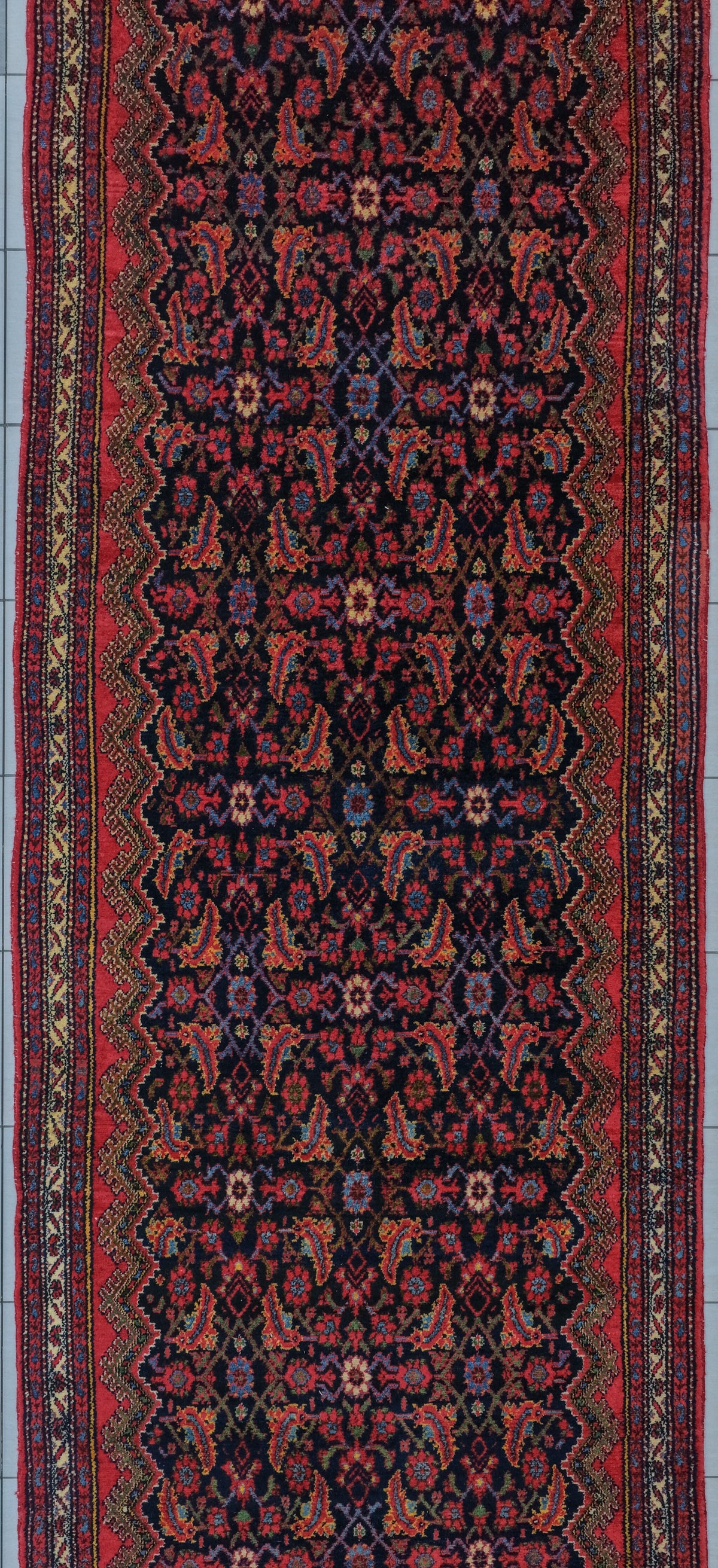 Vintage Malayer Runner Circa 1940 | 3' 10" X 16' 2" | Red & Blue Colours | Geometric Design | Herati Motif | Tribal Production