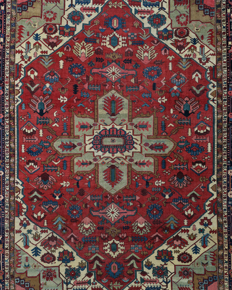 Antique Persian Serapi Heriz Rug Circa 1880 | 11' 2" X 14' 5" | Red Colour | Geometric Design | Tribal Production