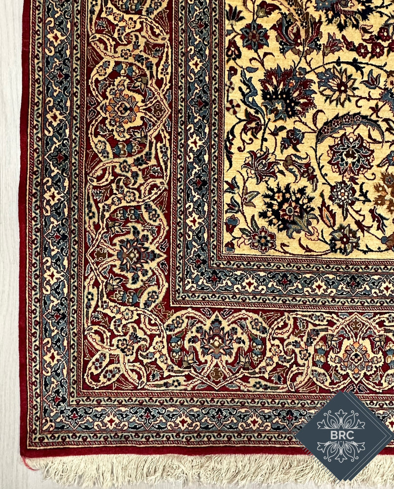 Vintage Persian Naeen Tudeshk Rug Circa 1950 | 5' 1" X 7' 3" | Floral Design | Ivory & Red Colours with Blue Accents | Extremely Fine | Urban Production