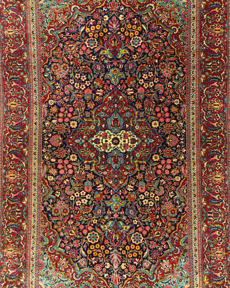 Antique Persian Kashan Rug Circa 1930 | 4' 4" X 6' 8" | Floral Design | Navy-Blue & Red Colours | Finely Woven | Urban Production