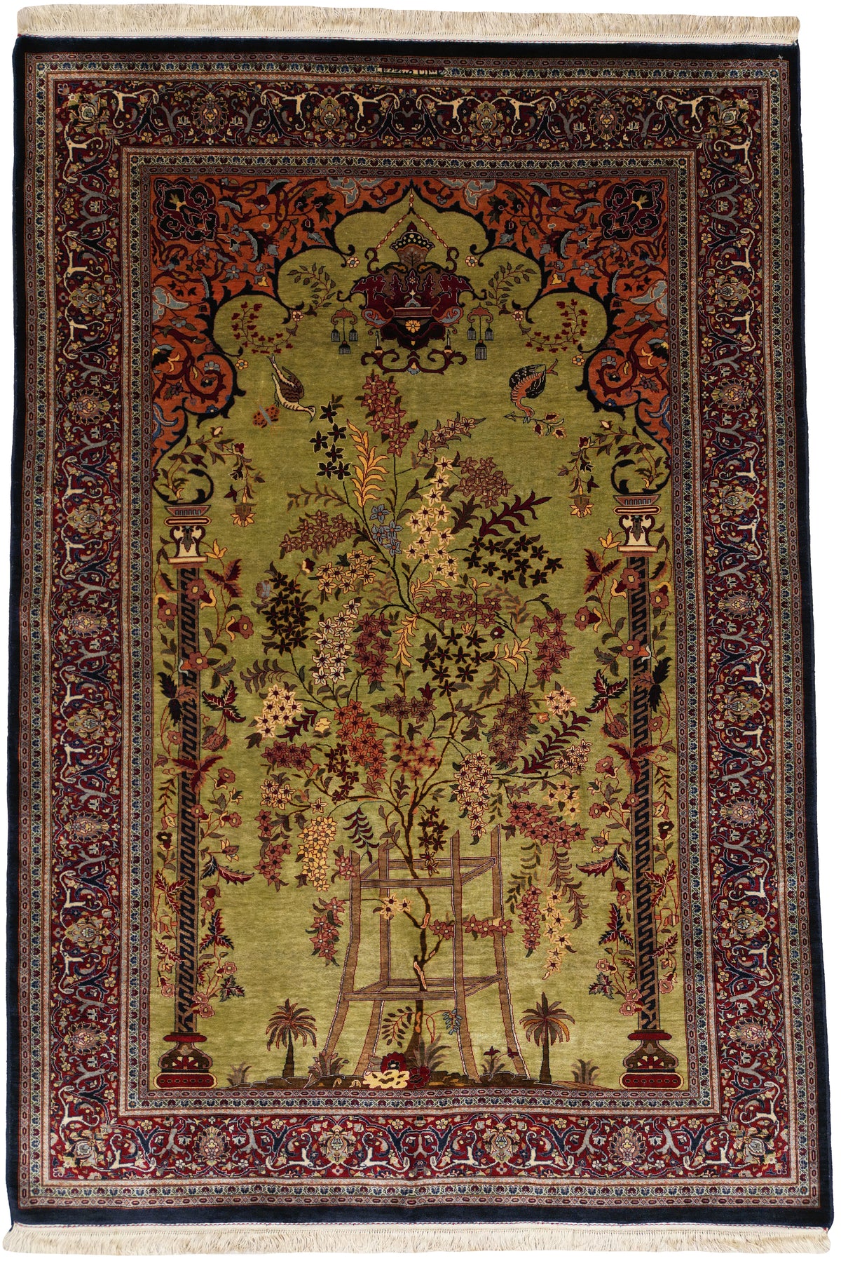 Egyptian Kashan Tree of Life Design | 4' 7" X 6' 9" | Pistachio Colour | Pure Silk | Extremely Fine | Urban Production
