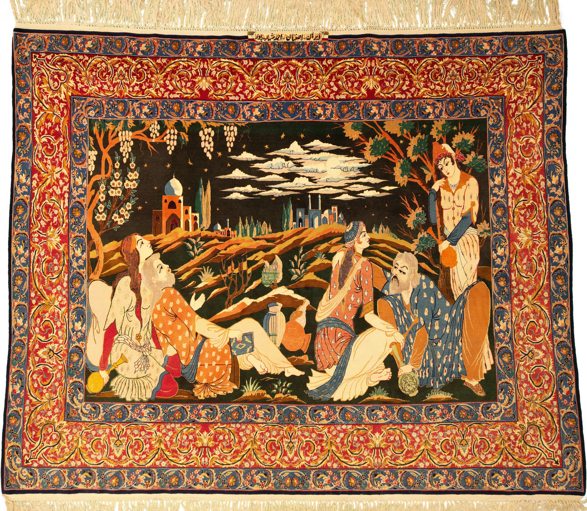 Persian Isfahan Rug | 6' 11" X 5' 8" | Omar Khayyam Design | Dark Green & Salmon Colours | Wool & Silk | Extremely Fine | Urban Production