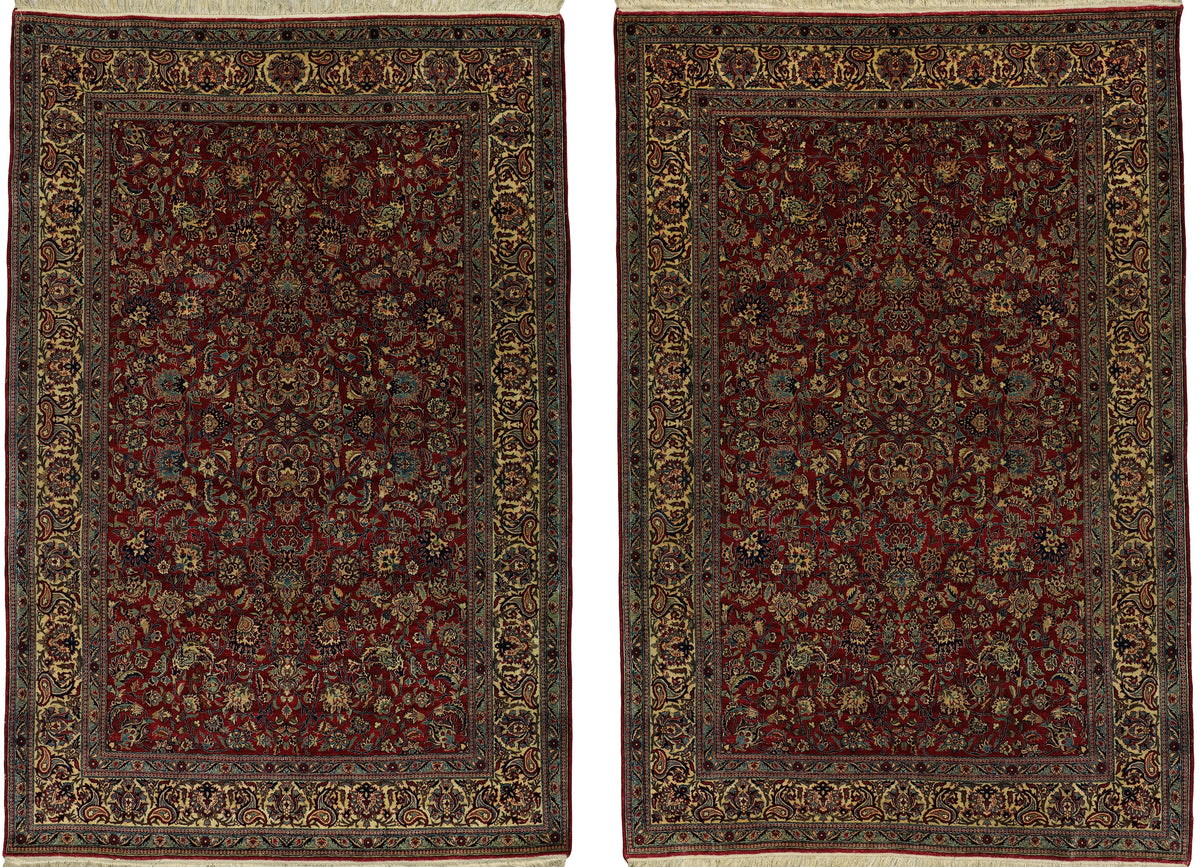 Antique Persian Nain Tudeshk Rug Pair Circa 1920 | 4' 9" X 7' 1" Each | Floral Design | Red & Beige Colours | Extremely Fine | Urban Production