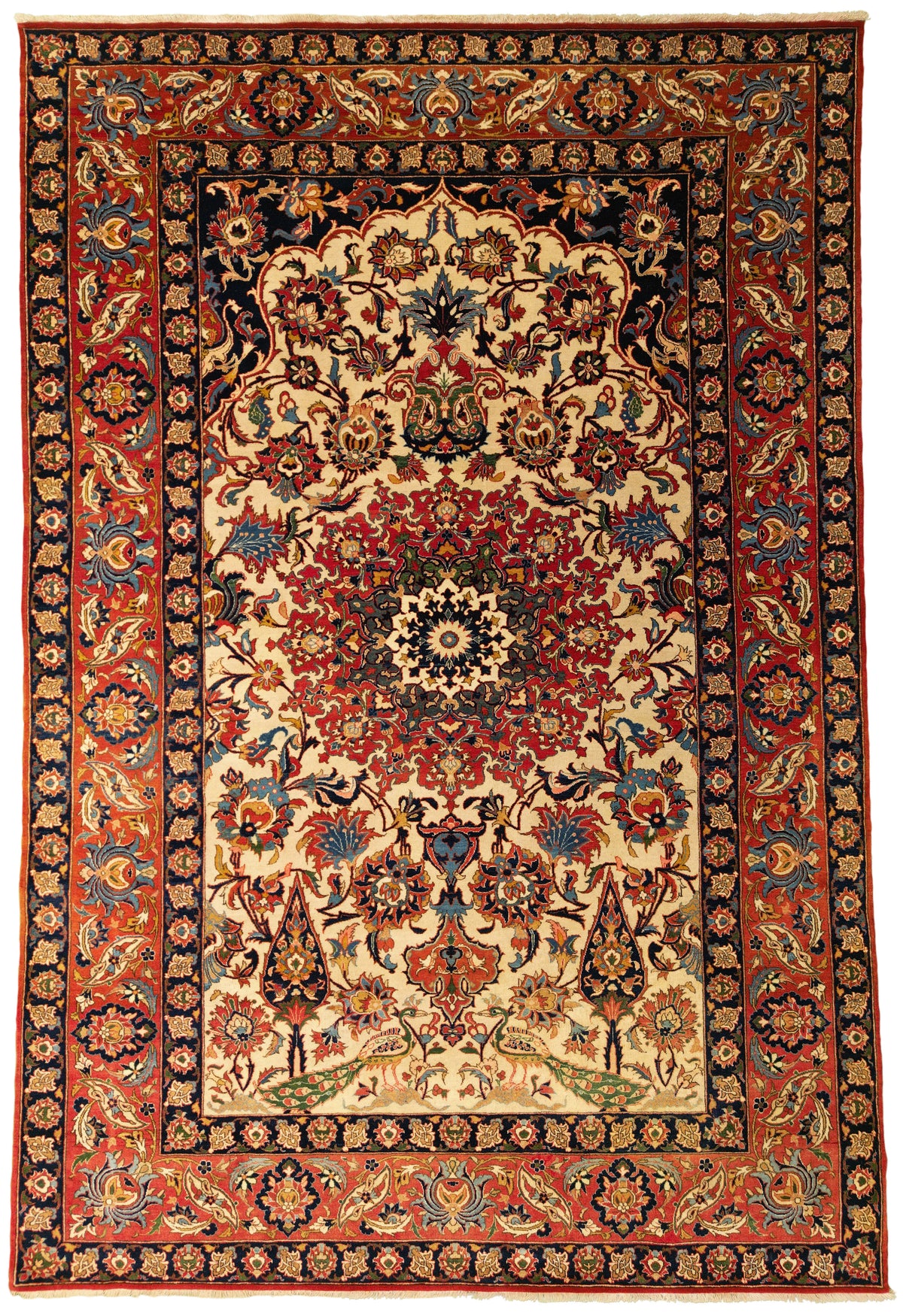 Antique Persian Isfahan Rug Circa 1920 | 4' 9" X 7' 1" | Floral Design | Ivory & Salmon Colours | Extremely Fine | Urban Production