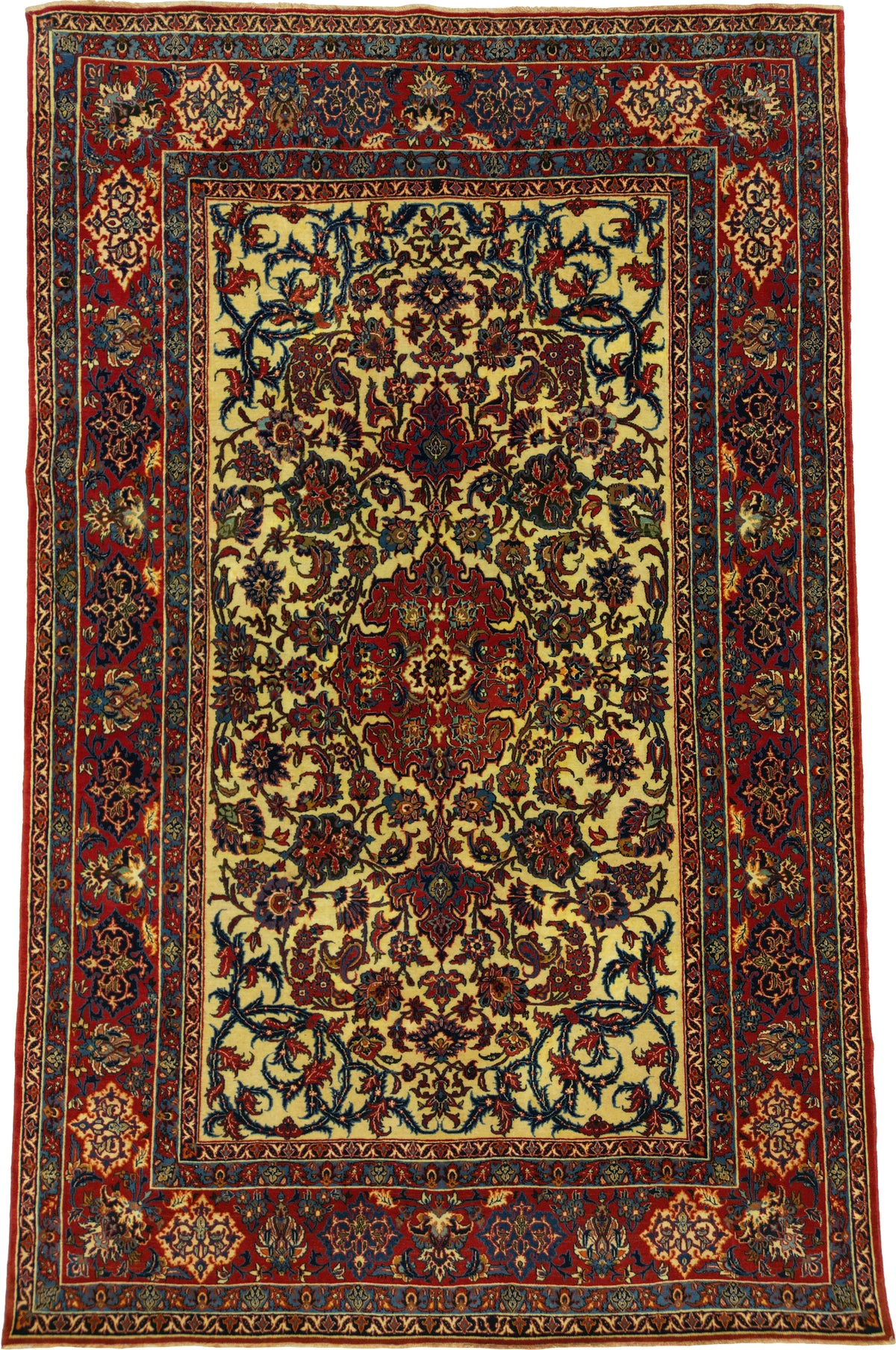 Antique Persian Isfahan Rug Circa 1930 | 4' 8" X 7' 4" | Ivory & Red Colours | Extremely Fine | Urban Production