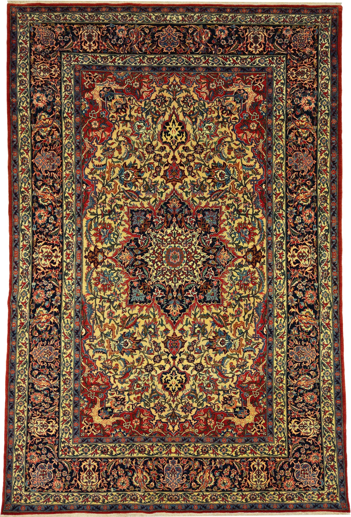 Antique Persian Isfahan Rug Circa 1920 | 4' 9" X 7' 2" | Floral Design | Beige & Navy-Blue Colours | Extremely Fine | Urban Production