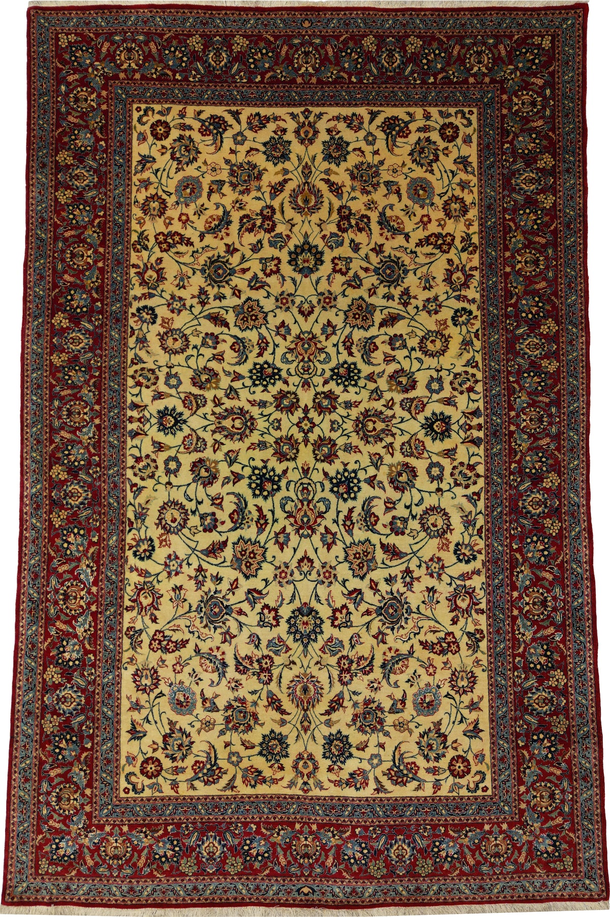 Vintage Persian Naeen Tudeshk Rug Circa 1960 | 4' 11" X 7' 8" | Floral Design | Ivory & Red Colours with Blue Accents | Extremely Fine | Urban Production