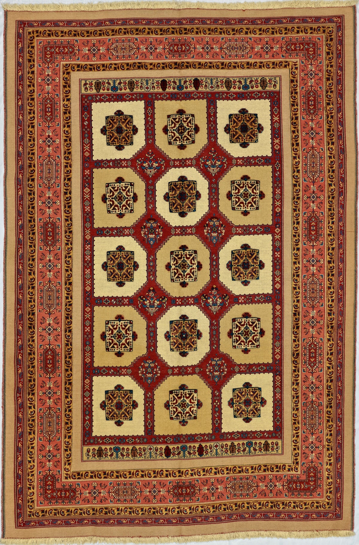 Persian Shiraz Carpet Kilim Rug | 7' 3" X 10' 10" | Panel Design | Salmon & Beige Colours | Tribal Production