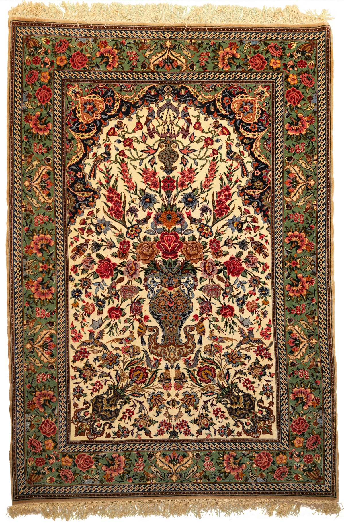 Persian Isfahan Rug | 3' 10" X 5' 6" | Floral Design | Ivory Background | Wool & Silk | Extremely Fine | Urban Production