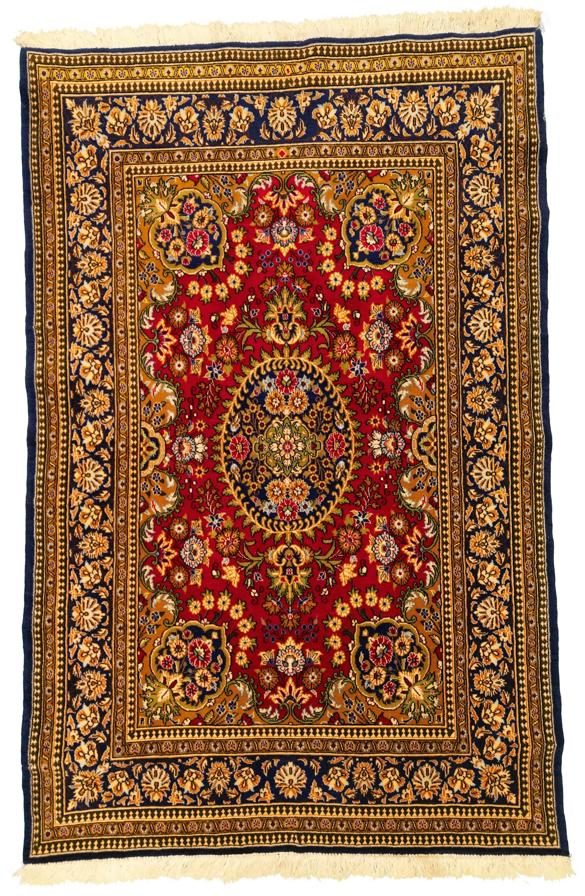 Persian Qom Rug | 3' 7" X 5' 5" | Red & Navy Blue Colours | Urban Production