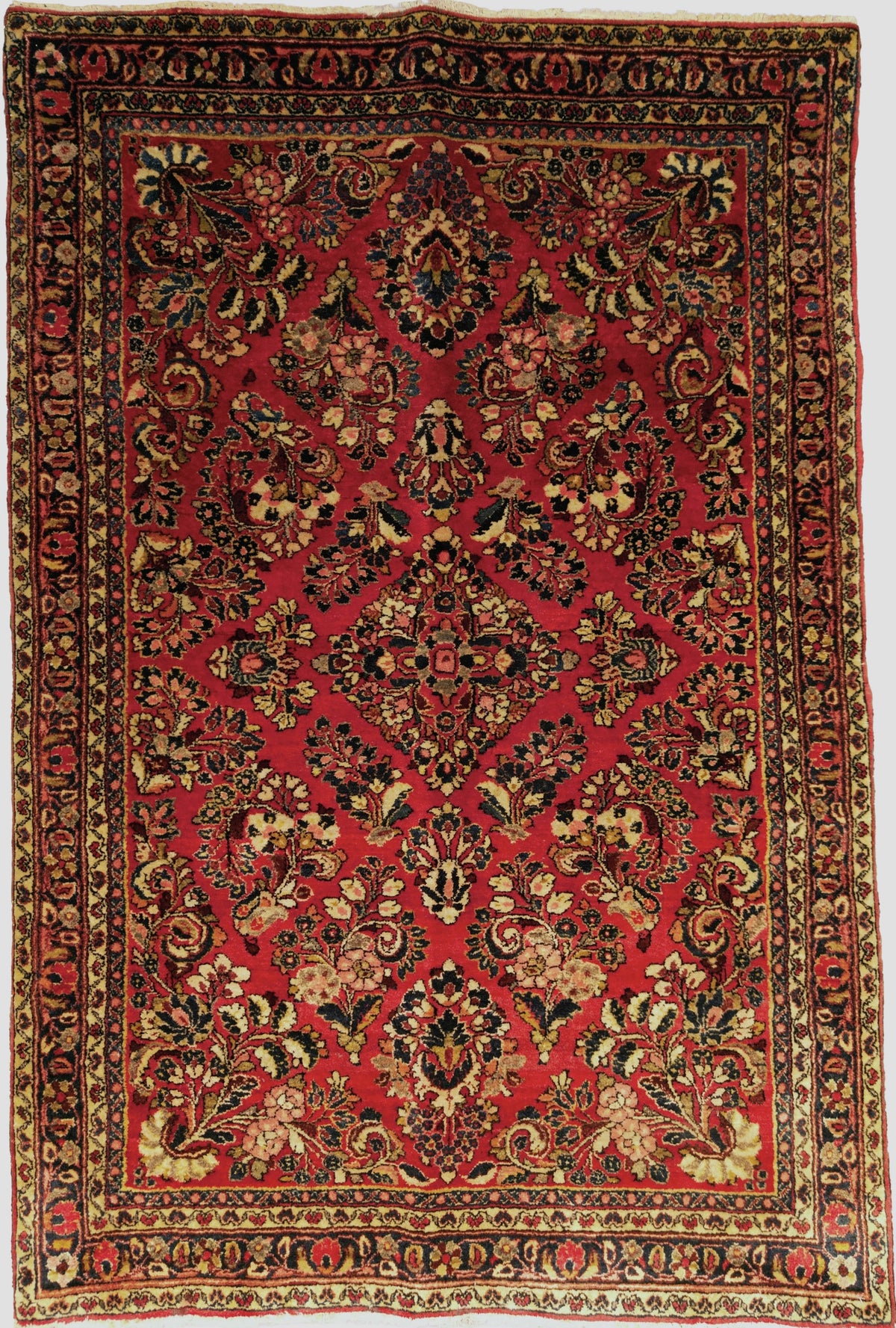 Antique Persian American Sarough Circa 1930 | 3' 4" X 4' 11" | Floral Design | Red & Black Colours | Finely Woven | Urban Production