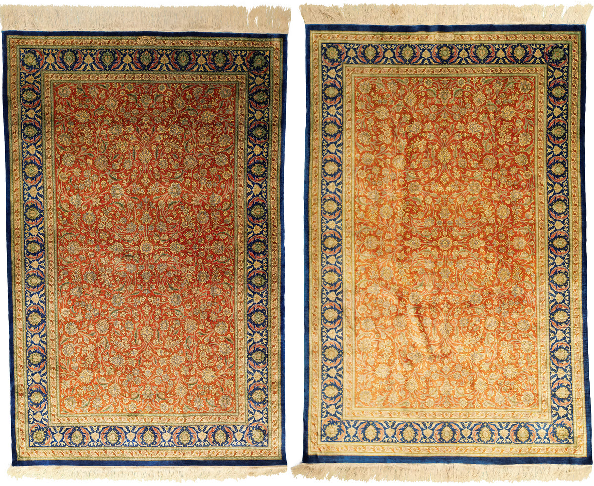 Persian Qom Rug Pair | 3' 4" X 5' 3" & 3' 4" X 5' 1" | Peach & Blue Colours | Pure Silk | Extremely Fine | Urban Production
