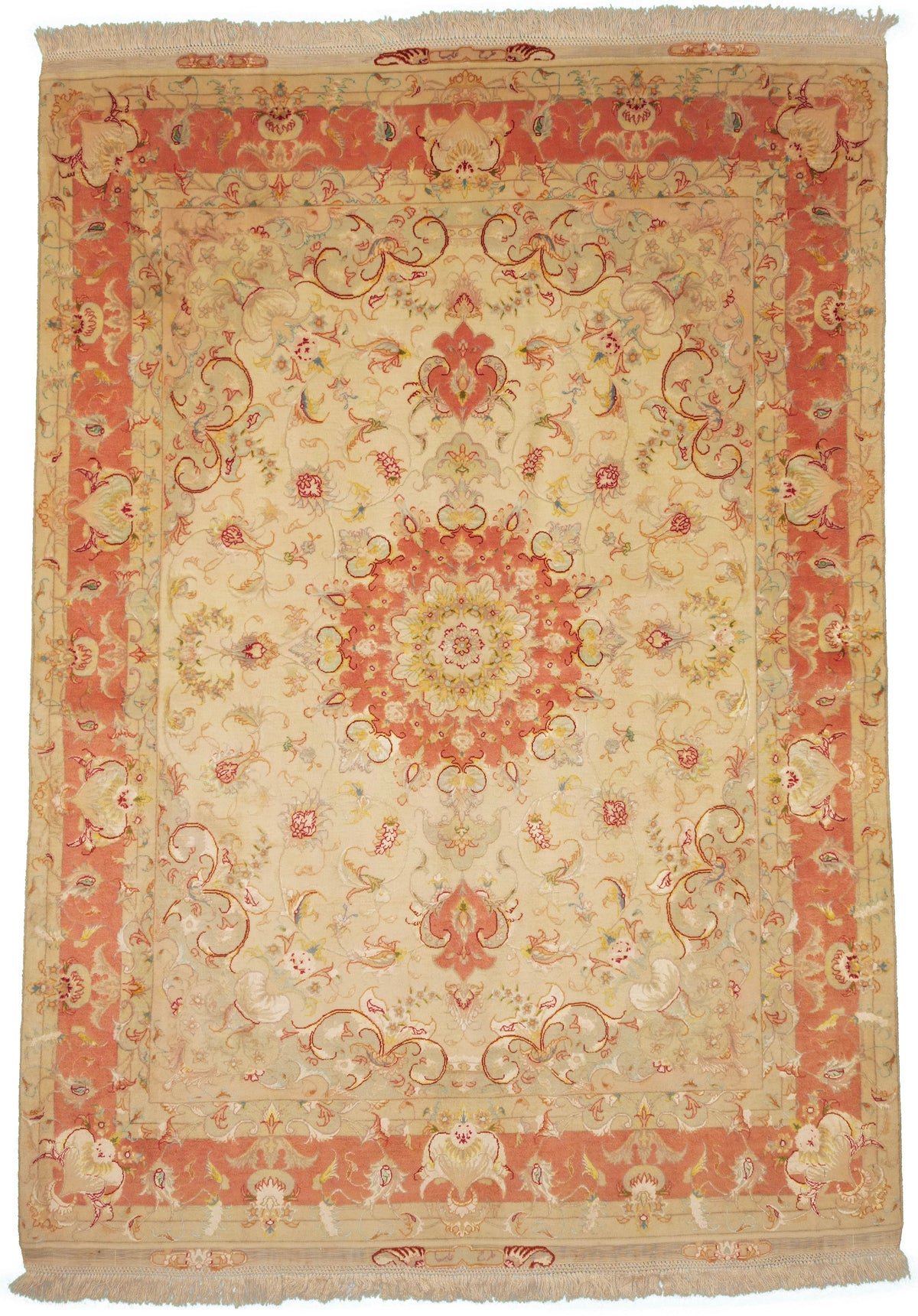 Persian Tabriz Rug | 4' 11" X 6' 9" | Peach & Ivory Colours | Wool & Silk | Extremely Fine | Urban Production