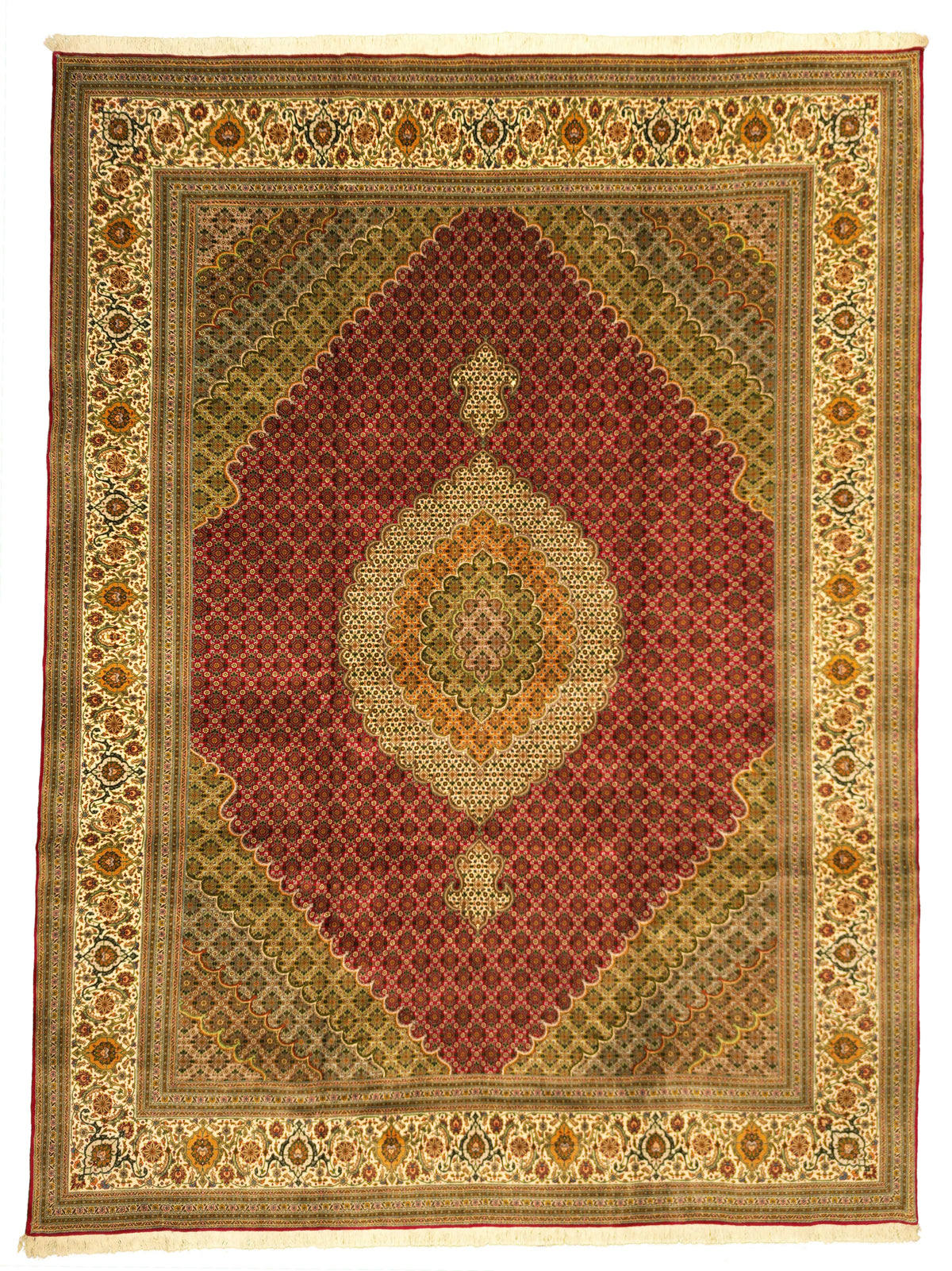 Persian Tabriz Mahi Rug | 11' 6" X 8' 0" | Fish Design | Red & Green Colours | Wool & Silk | Finely Woven | Urban Production