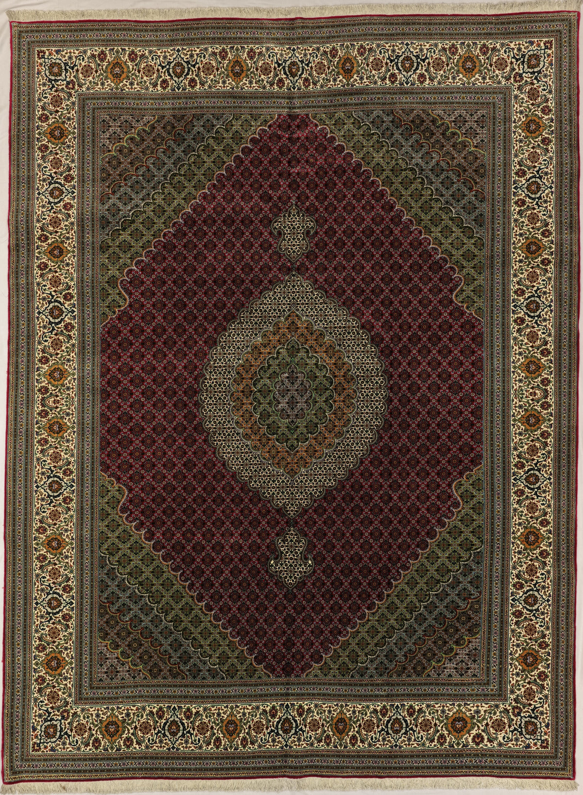 Persian Tabriz Mahi Rug | 11' 6" X 8' 0" | Fish Design | Red & Green Colours | Wool & Silk | Finely Woven | Urban Production