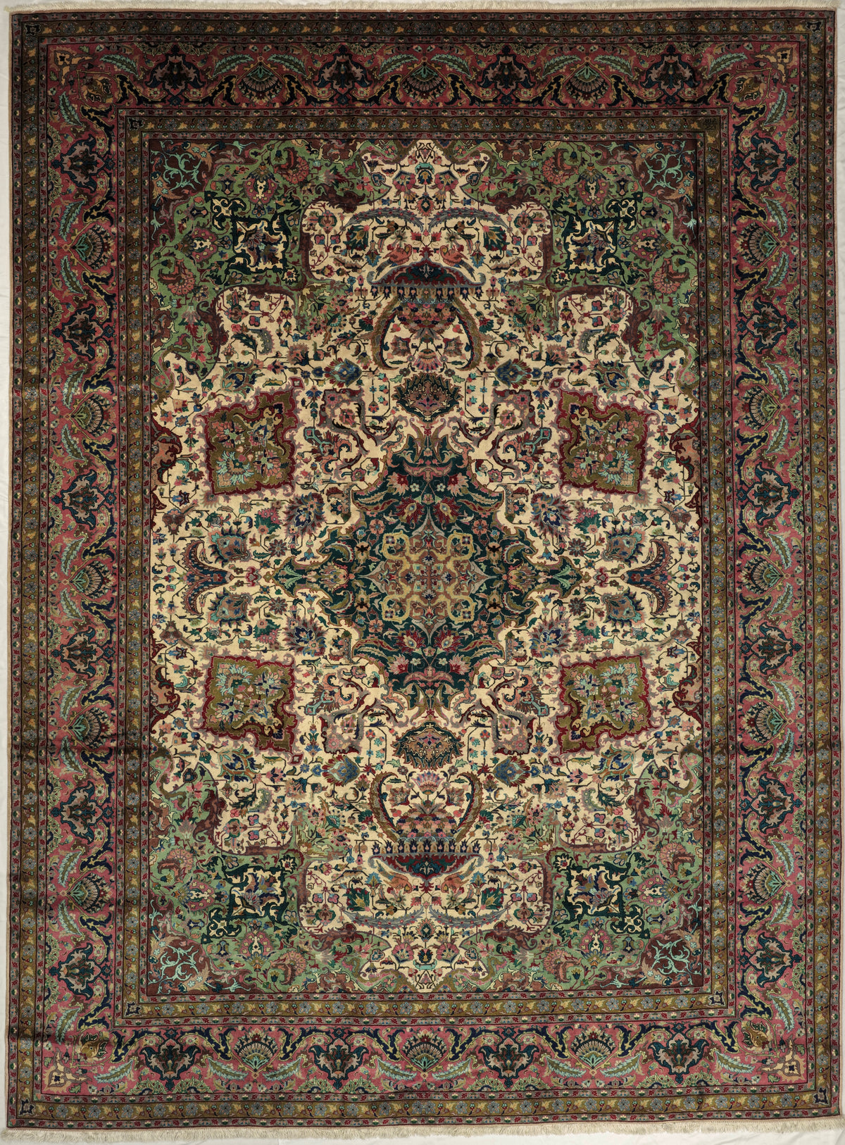 Vintage Persian Tabriz Javan Amirkhiz Rug Circa 1950 | 8' 5" X 11' 3" | Cream, Green, & Pink Colours | Urban Production