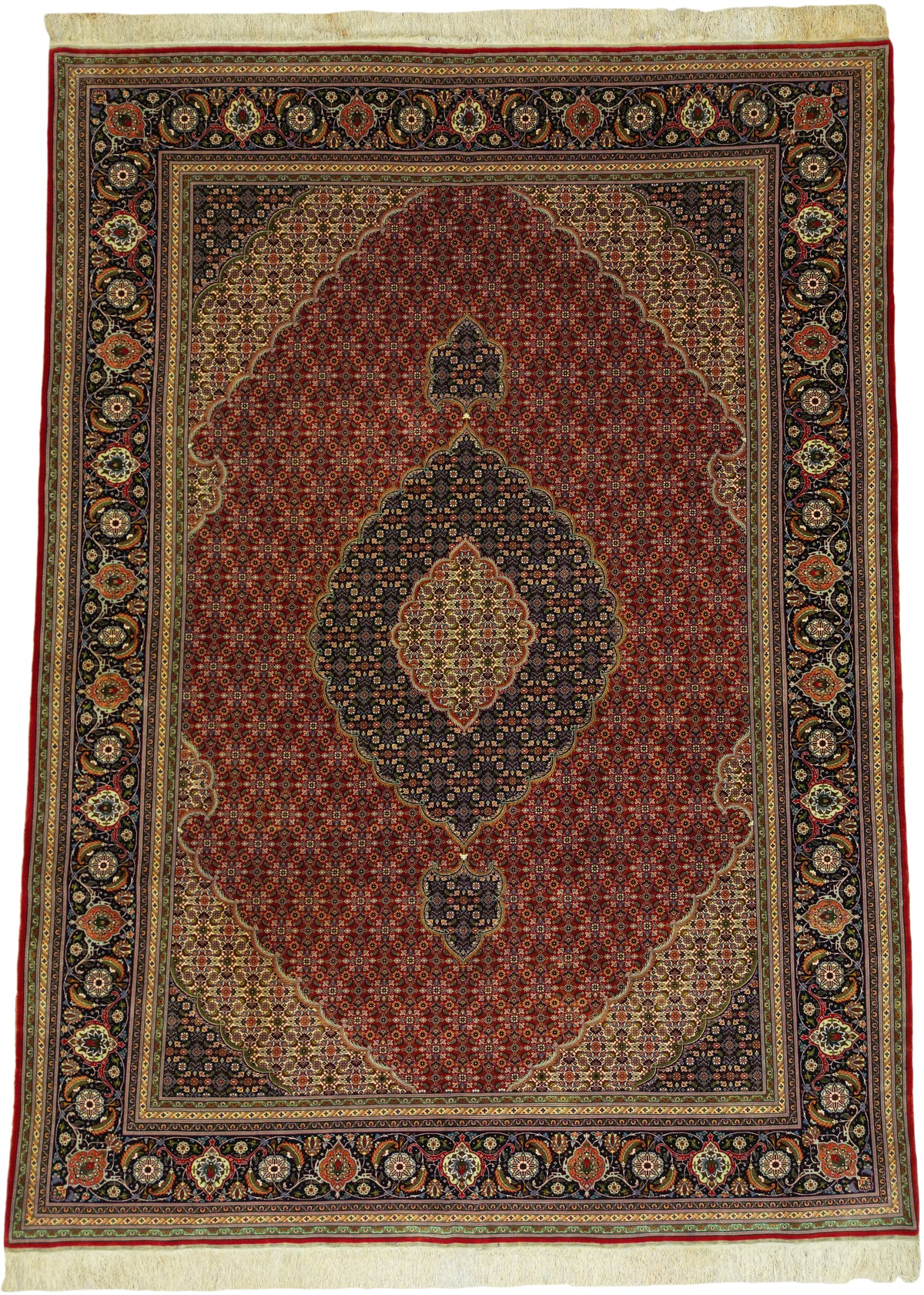 Persian Tabriz Mahi Rug | 8' 1" X 11' 1" | Fish Design | Red & Black Colours | Wool & Silk | Extremely Fine | Urban Production