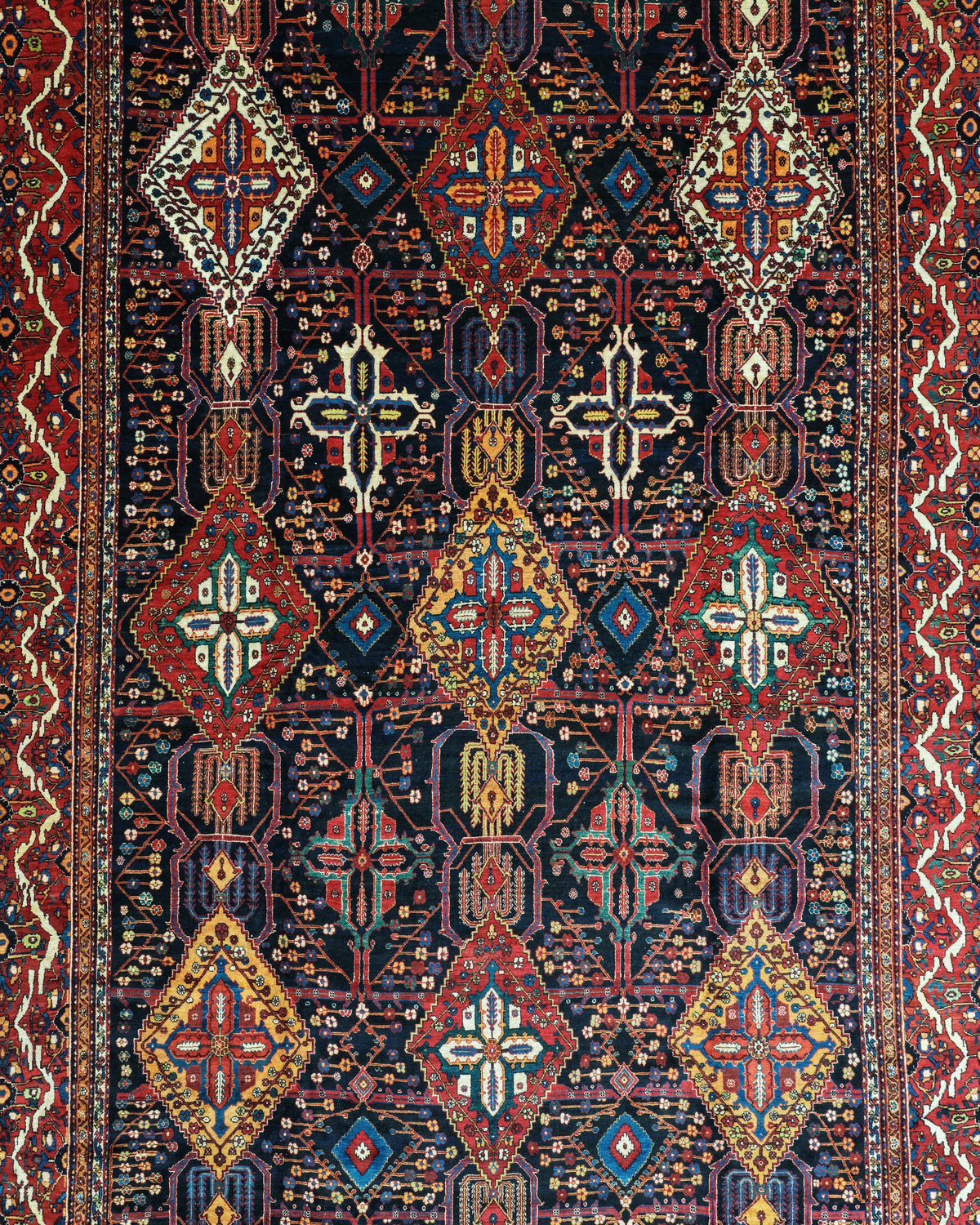 Antique Bakhtiari Shalamzar Rug Circa 1890 | 12' 5" X 22' 8" | Multicolour | Geometric Design | Tribal Production