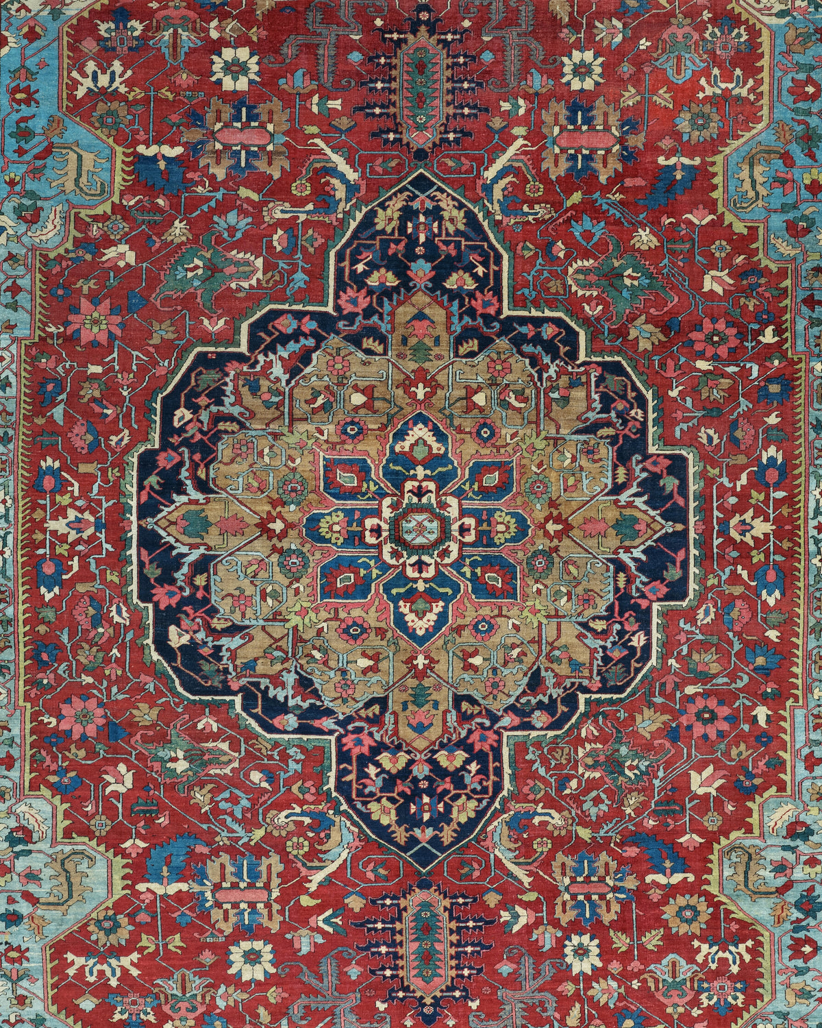 Antique Persian Serapi Heriz Rug Circa 1880 | 14' 5" X 23' | Multicolour Jewel Tones | Geometric Design | Tribal Production