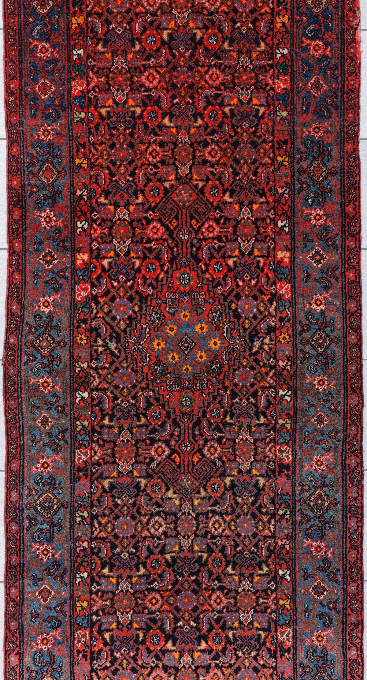 Antique Malayer Runner Circa 1930 | 3' 2" X 16' 11" | Red & Blue Colours | Geometric Design | Tribal Production