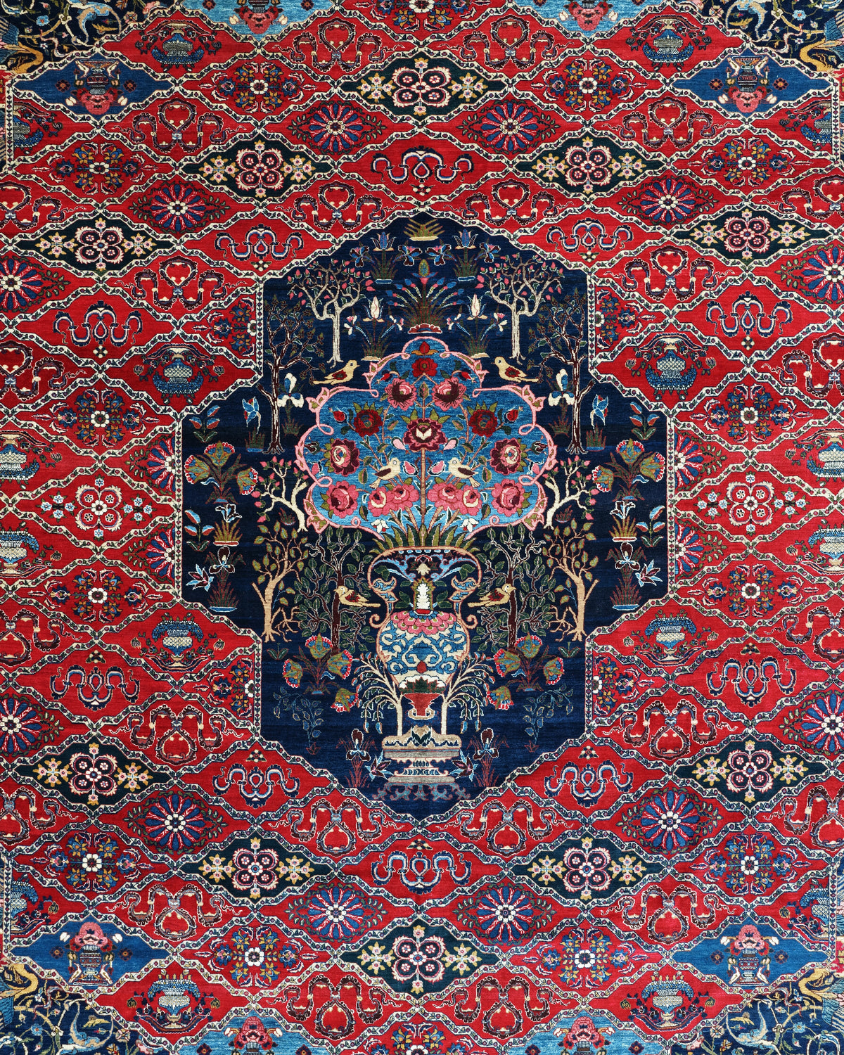 Antique Persian Bakhtiar Rug Circa 1920 | 10' 10" X 14' 1" |  Red & Midnight Blue Colours | Tribal Production