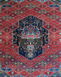 Antique Persian Bakhtiar Rug Circa 1920 | 10' 10" X 14' 1" |  Red & Midnight Blue Colours | Tribal Production