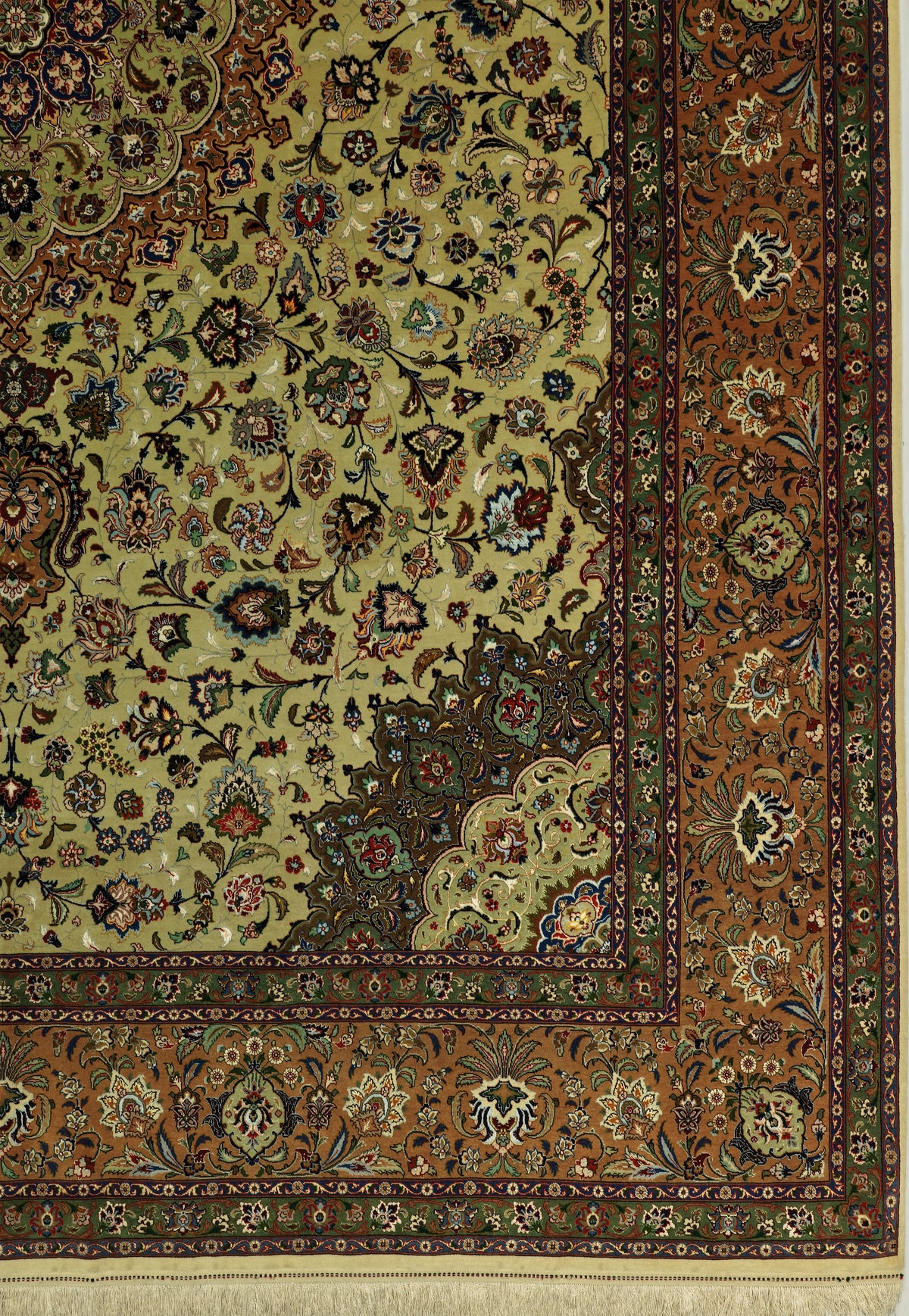 Vintage Persian Tabriz Faraji Rug Circa 1970 | 9' 10" X 13' 9" | Olive Green & Orange Colours | Floral Medallion Design | Urban Production