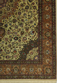 Vintage Persian Tabriz Faraji Rug Circa 1970 | 9' 10" X 13' 9" | Olive Green & Orange Colours | Floral Medallion Design | Urban Production