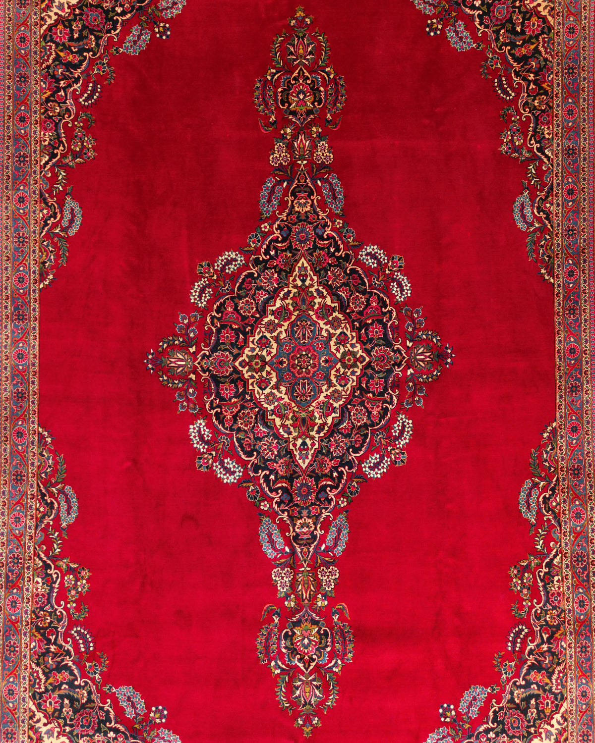 Vintage Persian Kashan Rug Circa 1950 | 10' 3" X 15' 7" | Large Size | Open-Field Design | Red & Navy-Blue Colours | Urban Production