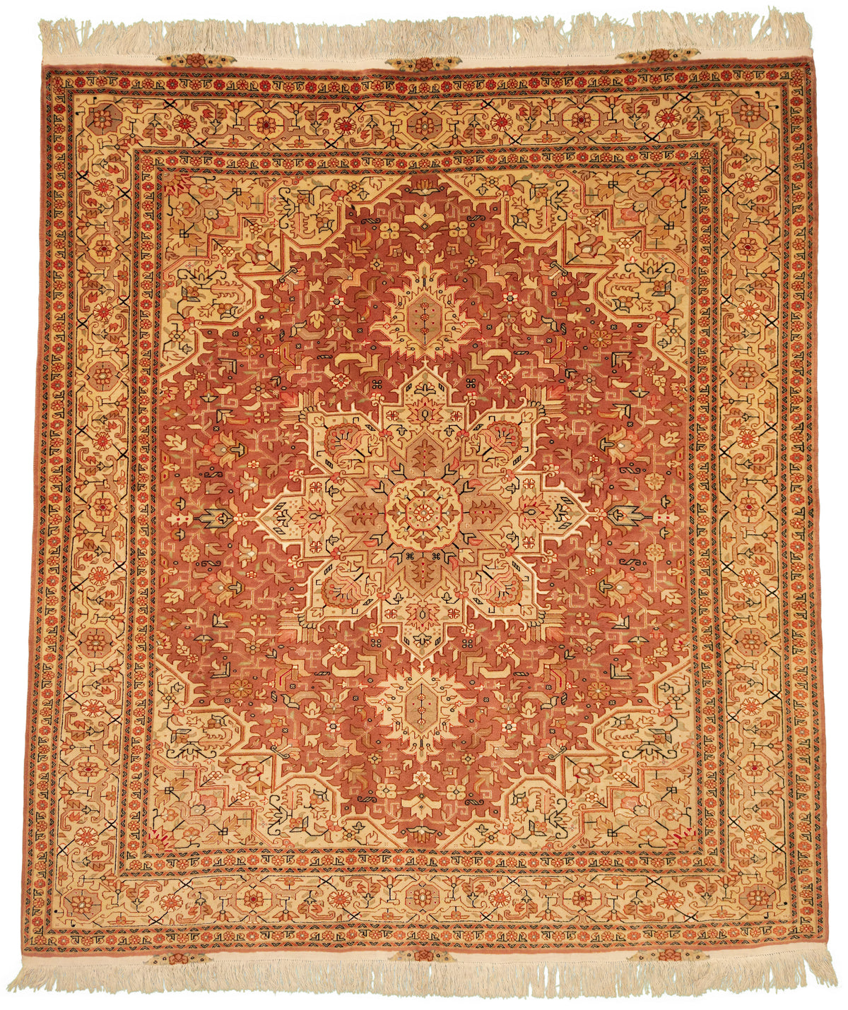 Persian Tabriz Rug | 5' 6" X 6' 1" | Heriz Design | Peach & Ivory Colours | Wool & Silk | Finely Woven | Urban Production