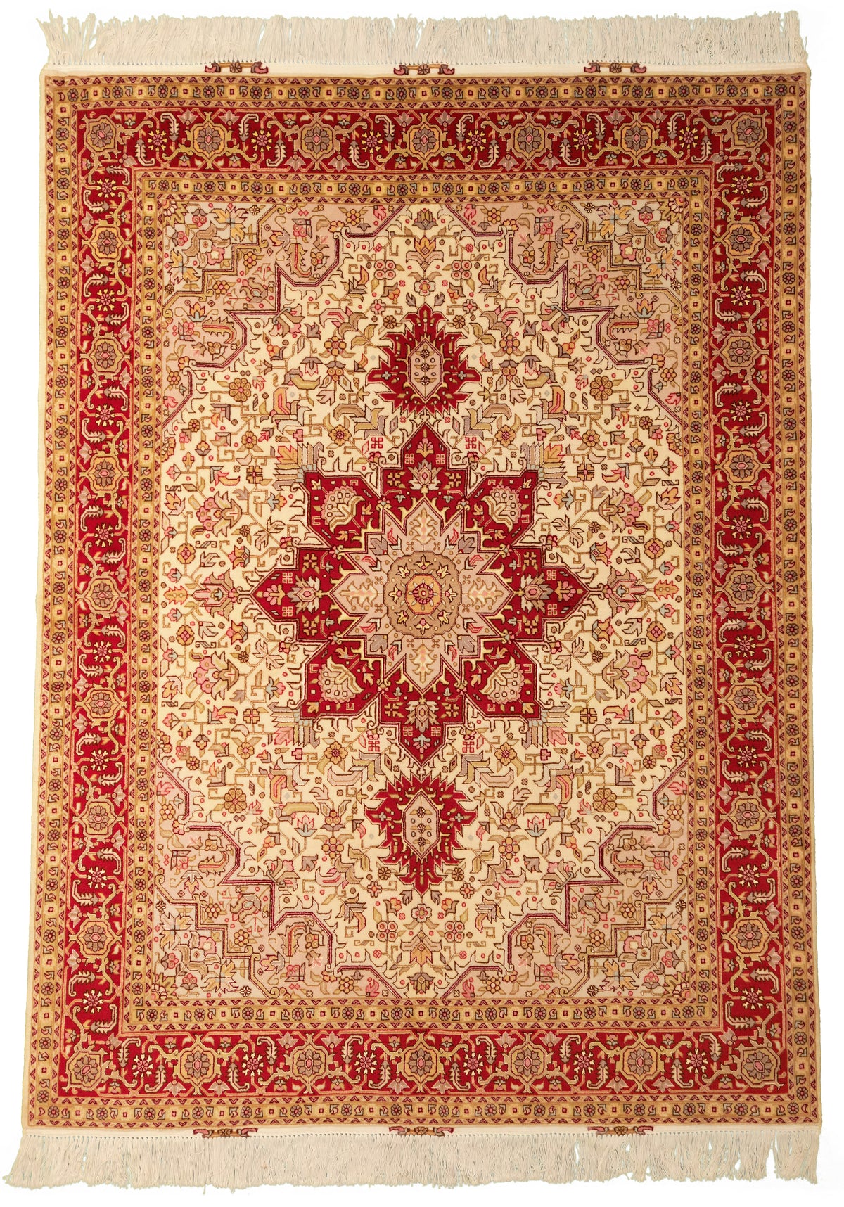 Persian Tabriz Rug | 4' 11" X 6' 8" | Heriz Design | Crimson & Ivory Colours | Wool & Silk | Finely Woven | Urban Production