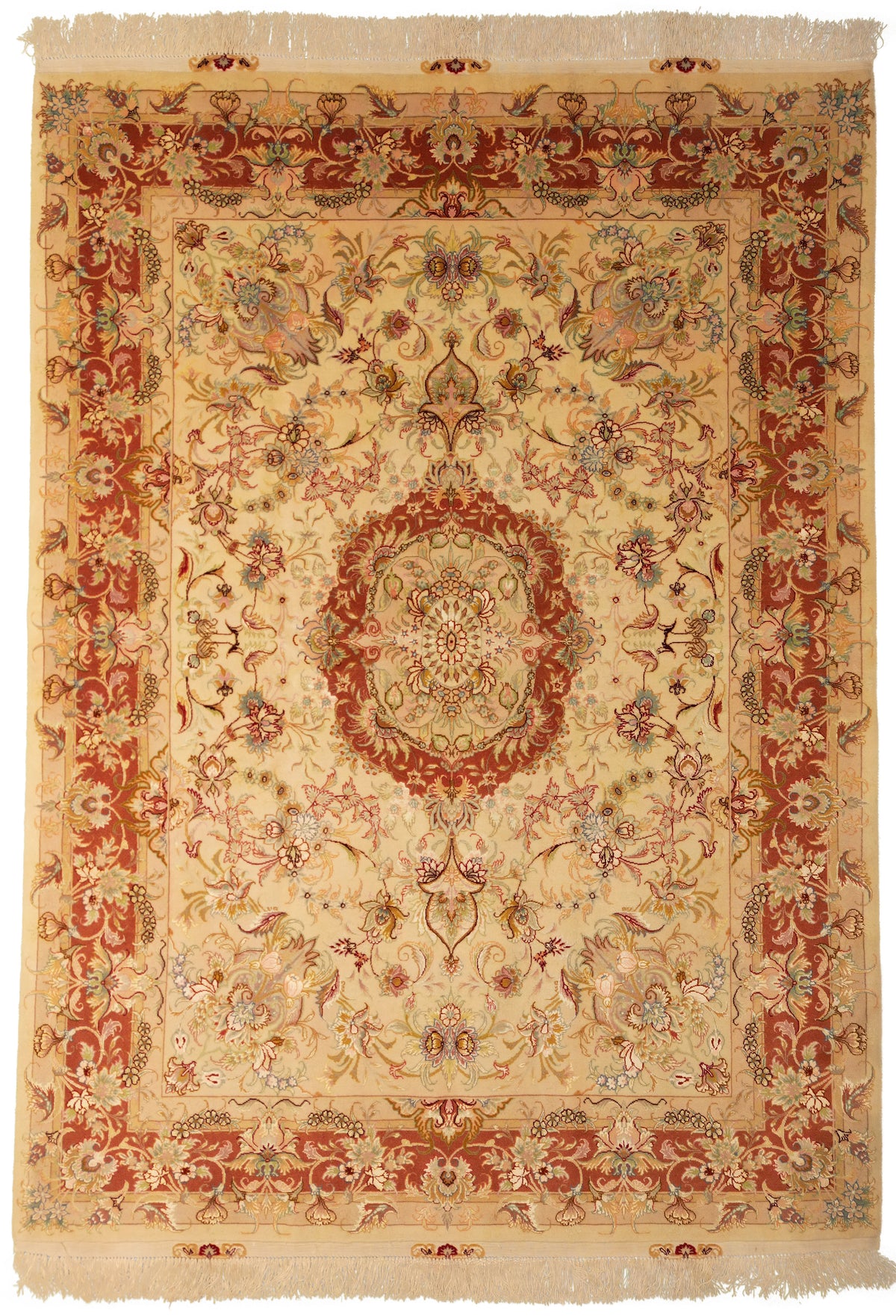 Persian Tabriz Rug | 4' 10" X 6' 8" | Peach & Ivory Colours | Wool & Silk | Extremely Fine | Urban Production