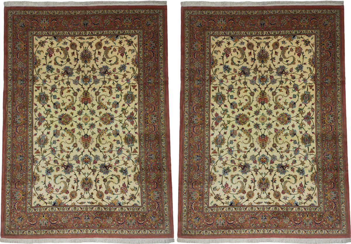 Persian Mashhad Rug Pair | 8' 2" X 11' 6" Each | Tabriz Design | Light Colours | Wool & Silk | Finely Woven | Urban Production