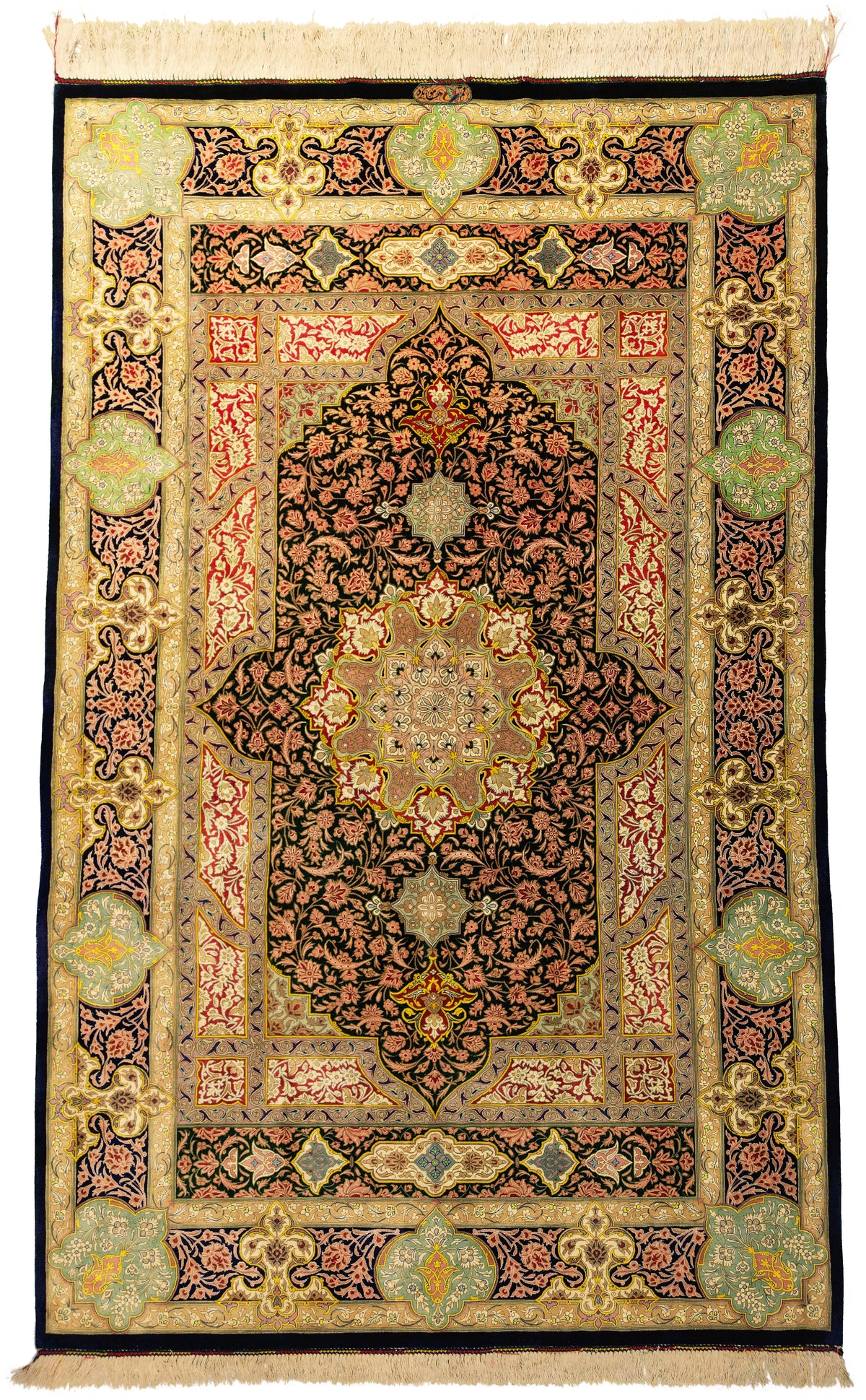 Persian Qom Rug | 4' 2" X 6' 8" | Green Colour | Pure Silk | Extremely Fine | Urban Production