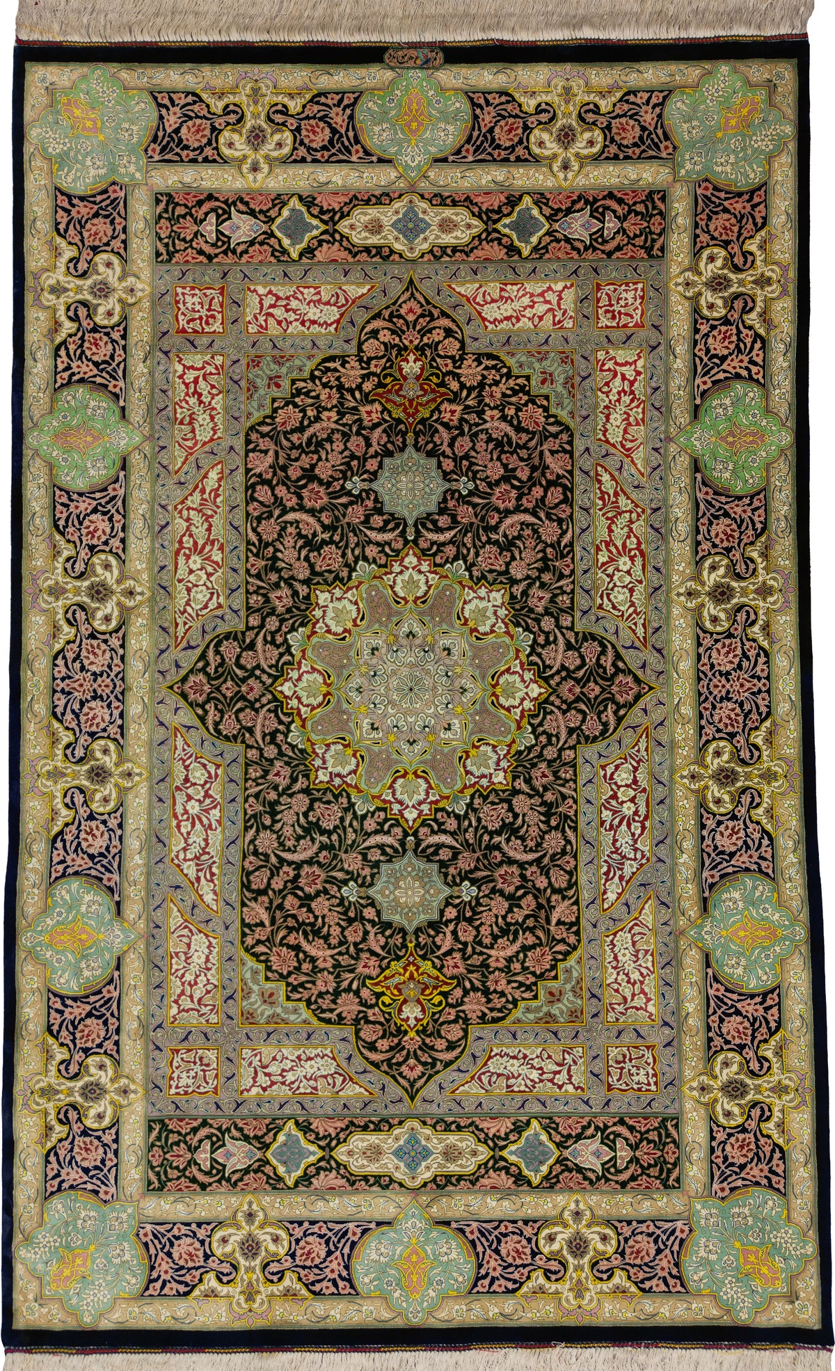 Persian Qom Rug | 4' 2" X 6' 8" | Green Colour | Pure Silk | Extremely Fine | Urban Production