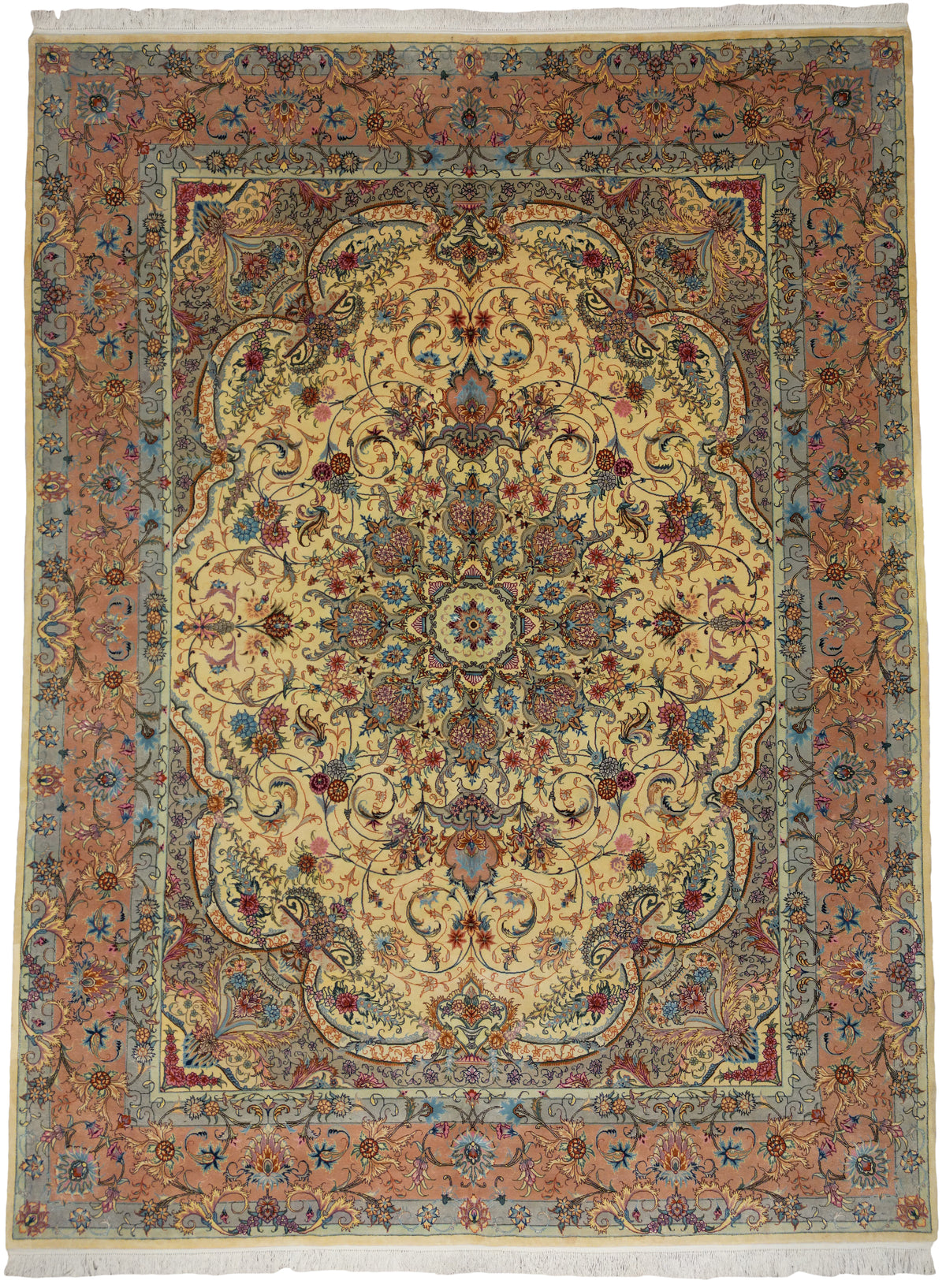 Persian Mashhad Rug | 9' 9" X 13' 1" | Tabriz Design | Light Colours | Wool & Silk | Finely Woven | Urban Production
