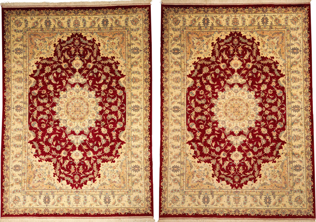 Persian Mashhad Rug Pair | 8' 2" X 11' 4" Each | Tabriz Design | Red & White Colours | Wool & Silk | Finely Woven | Urban Production