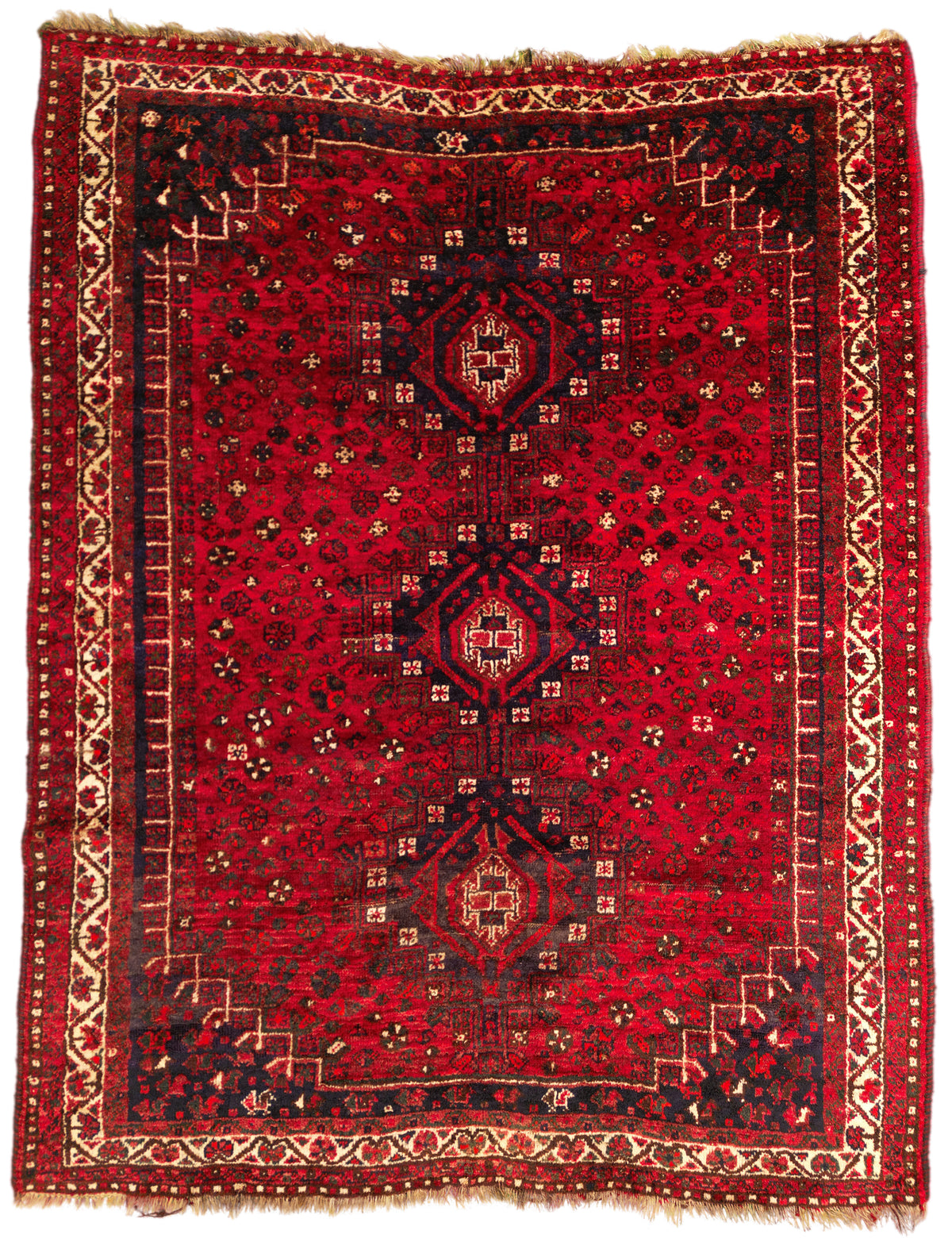 Vintage Persian Shiraz Rug Circa 1950 | 5' 5" X 6' 8" | Geometric Design | Dark Red, Ivory, & Black Colours | Tribal Production