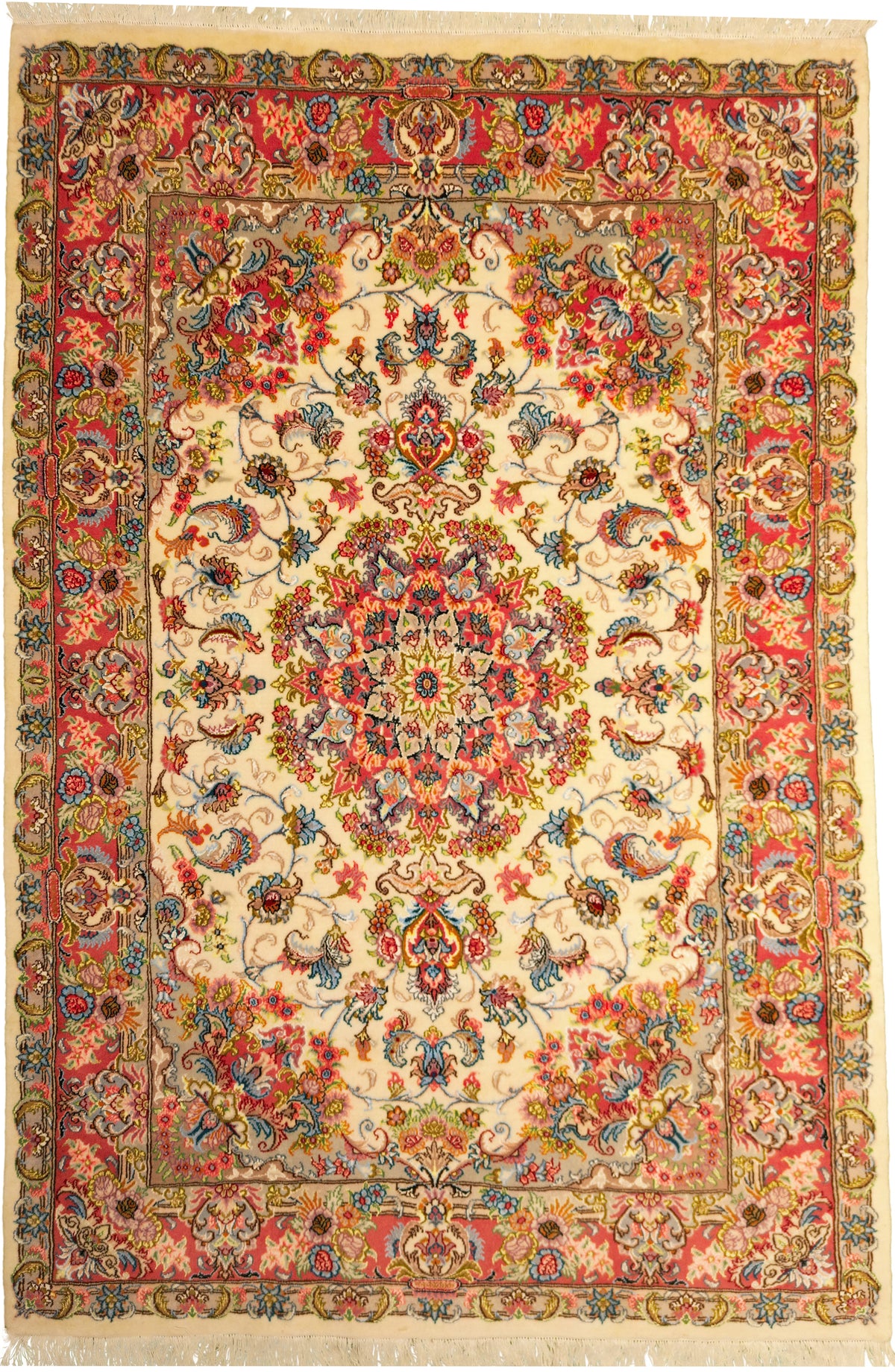 Persian Mashhad Rug | 5' 5" X 8' 1" | Tabriz Design | Light Colours | Wool & Silk | Finely Woven | Urban Production