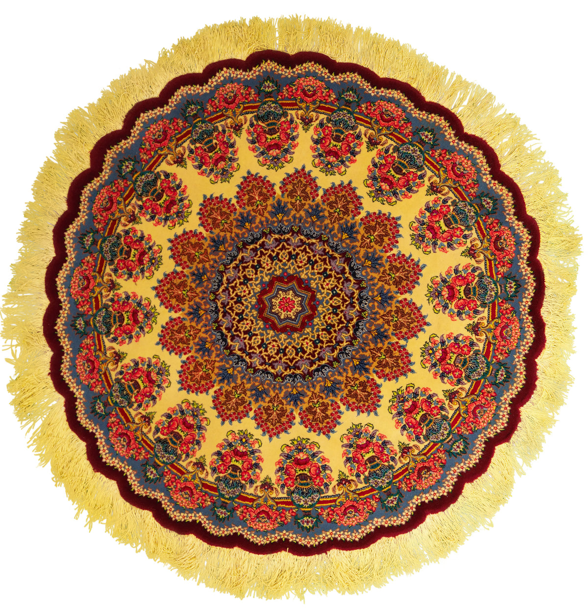 Persian Qom Rug | 3' 2" X 3' 2" | Circular Shape | Multi-Colour | Wool & Silk | Extremely Fine | Urban Production