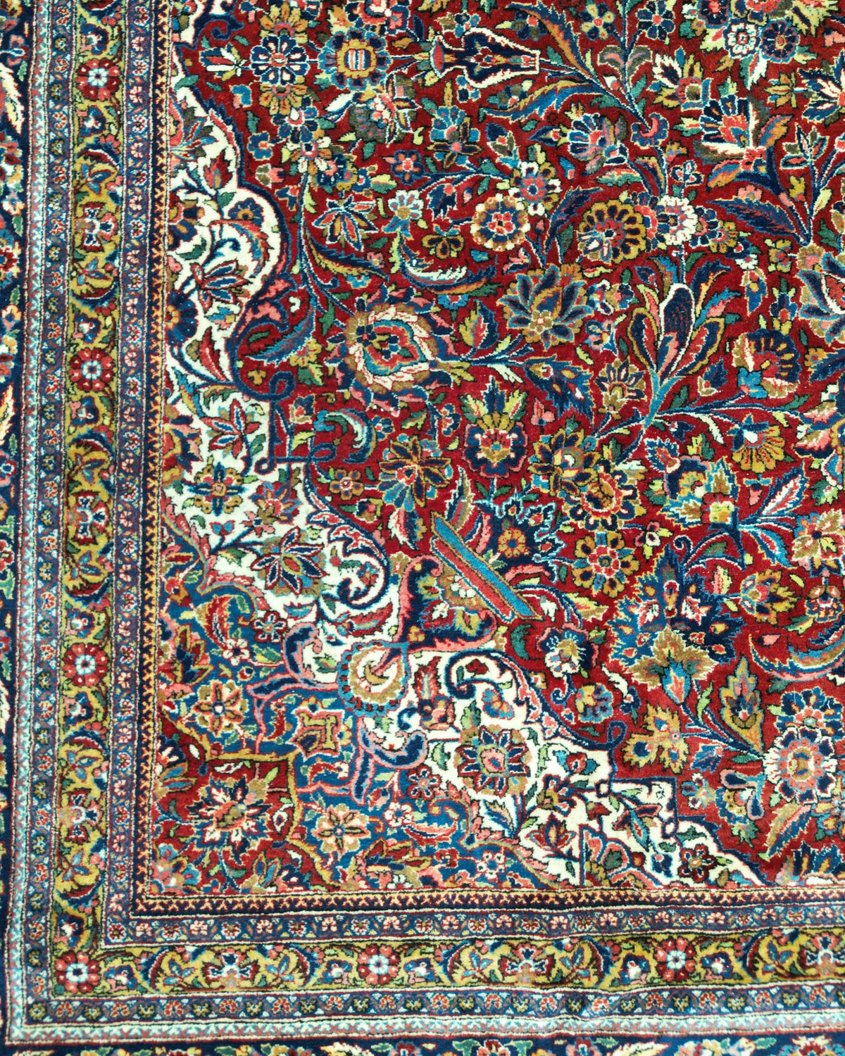 Antique Persian Kashan Rug Circa 1930 | 10' 1" X 16' 2" | Floral Design | Red & Navy Blue Colours | Finely Woven | Urban Production