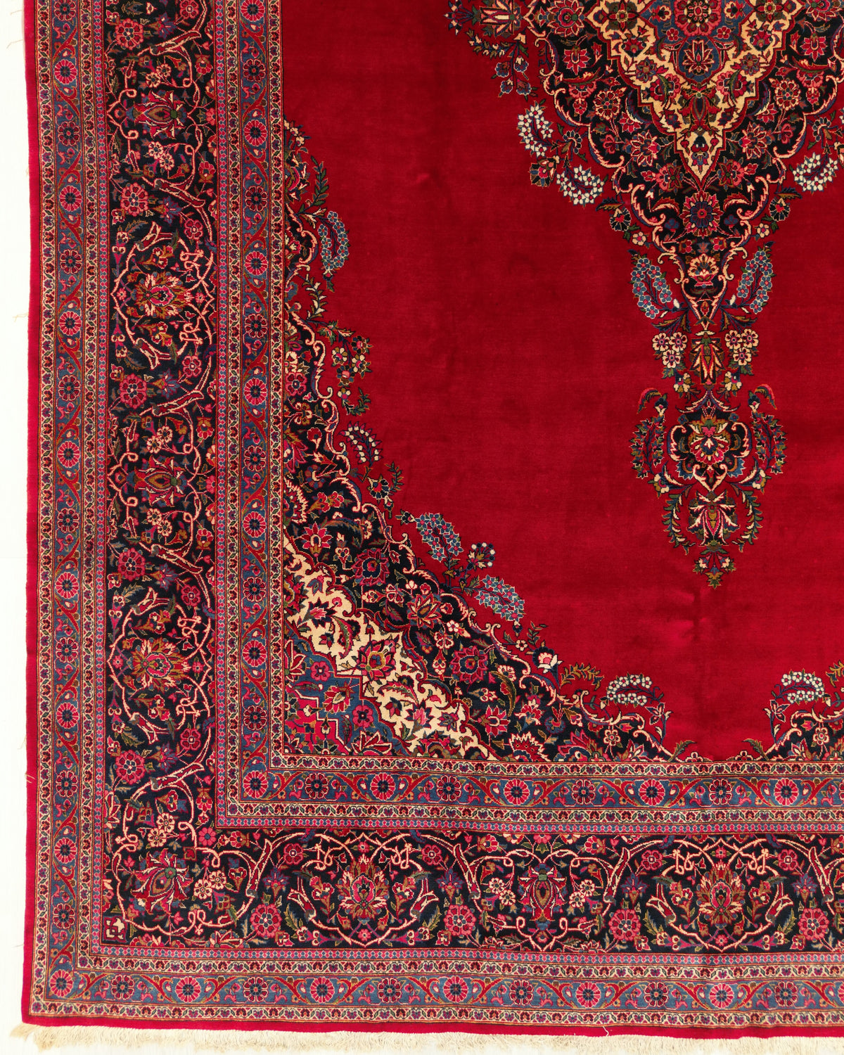 Vintage Persian Kashan Rug Circa 1950 | 10' 3" X 15' 7" | Large Size | Open-Field Design | Red & Navy-Blue Colours | Urban Production