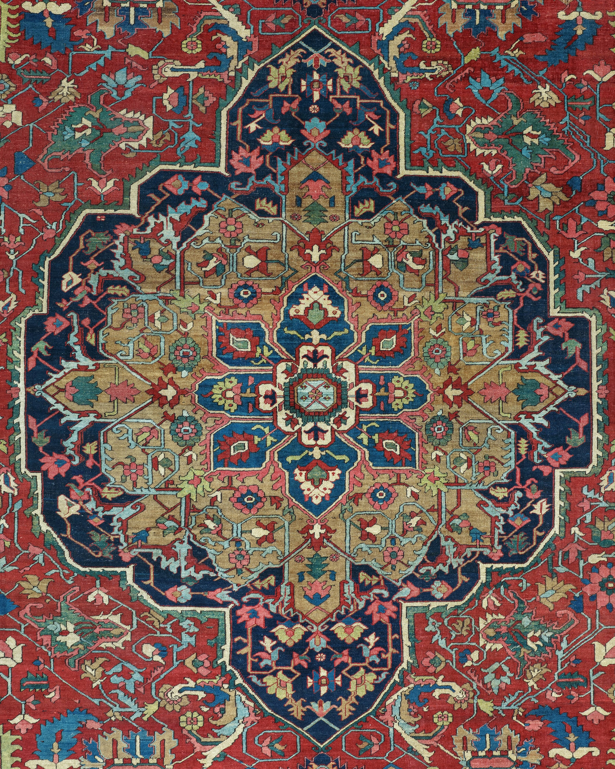 Antique Persian Serapi Heriz Rug Circa 1880 | 14' 5" X 23' | Multicolour Jewel Tones | Geometric Design | Tribal Production